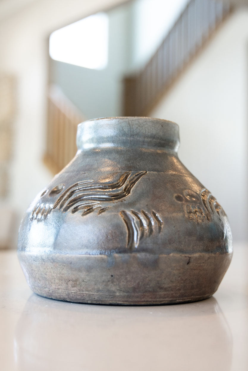 Raku Hand-Carved Pot: Hand-Carved with Tarnished Silver Effect
