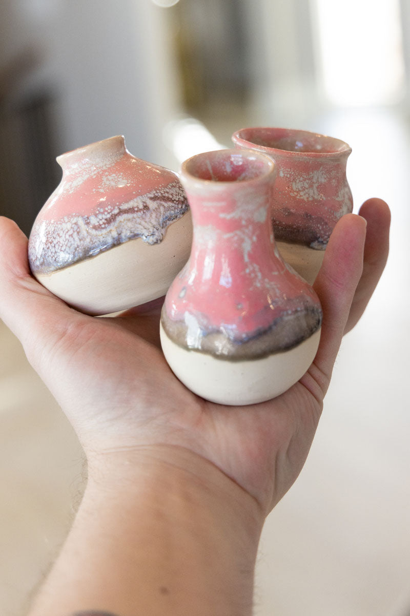 Set of Three Small Decorative Pots - Soda Kiln Effect - Pinks, Darks, & Creams
