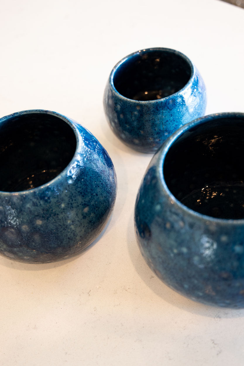 Set of 3 Raku Contemporary Pots: White Crystals on Teal