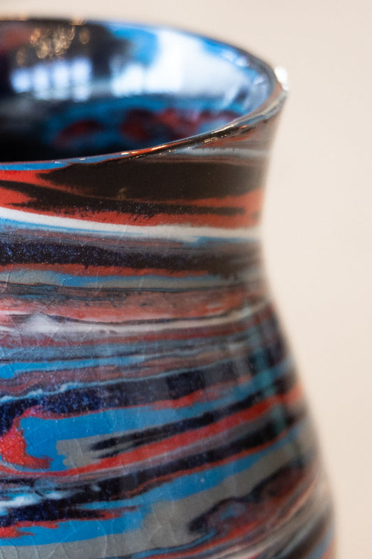Abstract Marbled Pot/Vase: Porcelain Multi-Colored Reds, Blues, Whites