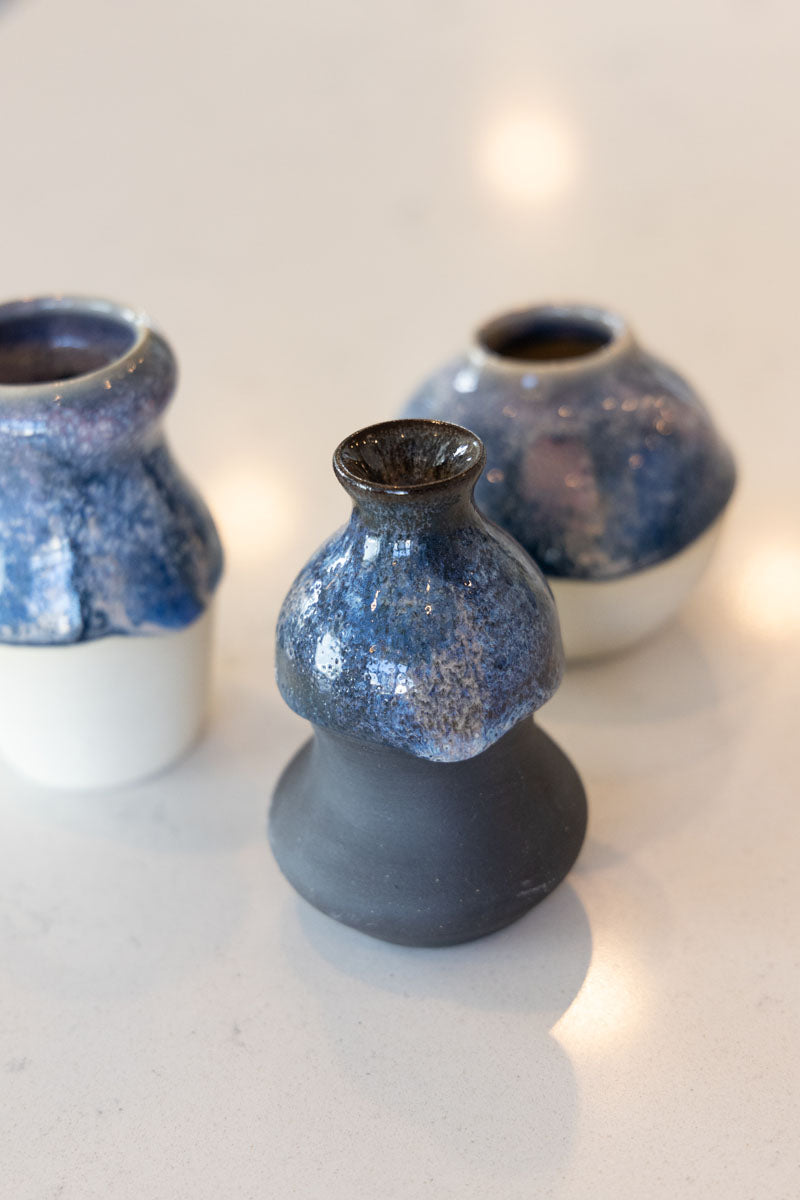 Set of Three Small Decorative Pots on Various Colors Clay