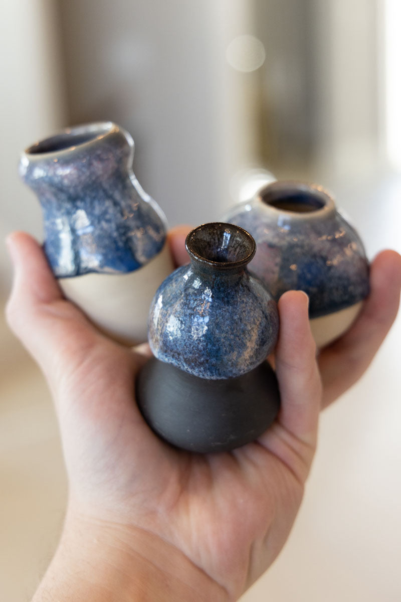 Set of Three Small Decorative Pots on Various Colors Clay