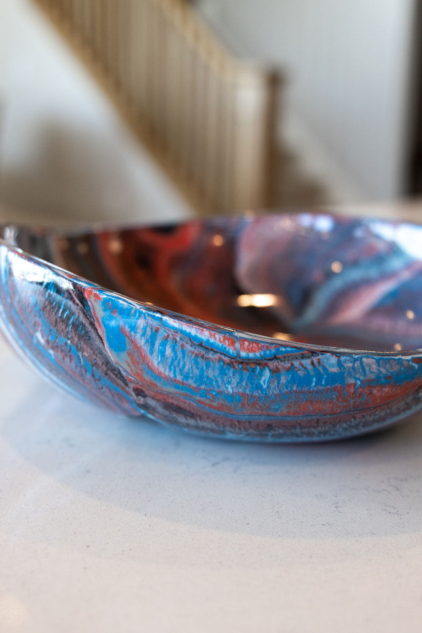 Modern Marbled Decorative Bowl: Porcelain Multi-Colored Reds, Blues, Whites