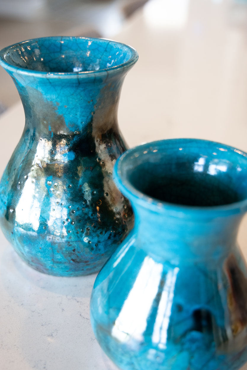 Set of 2 Decorative Raku Pots/Vases: Turquoise & Coppers