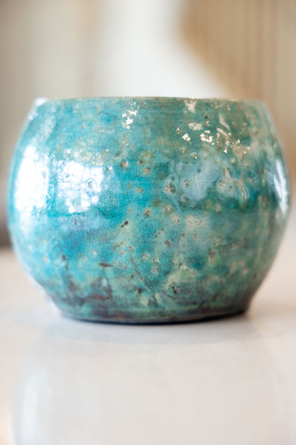 Contemporary Raku Bowl/Pot: Turquoise Exterior, Colorful Metallic Interior