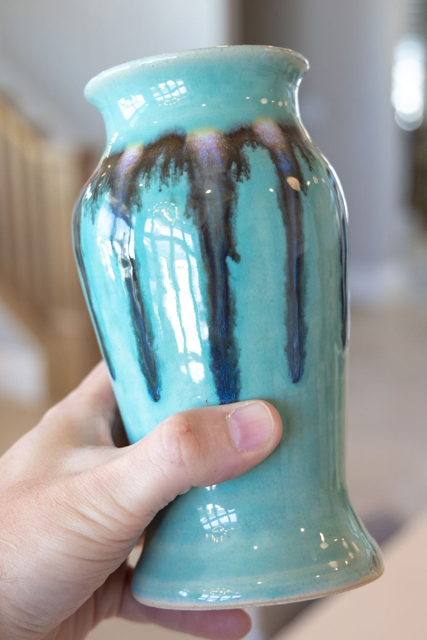 Flower Vase: Turquoise, Blacks, Whites, Purples