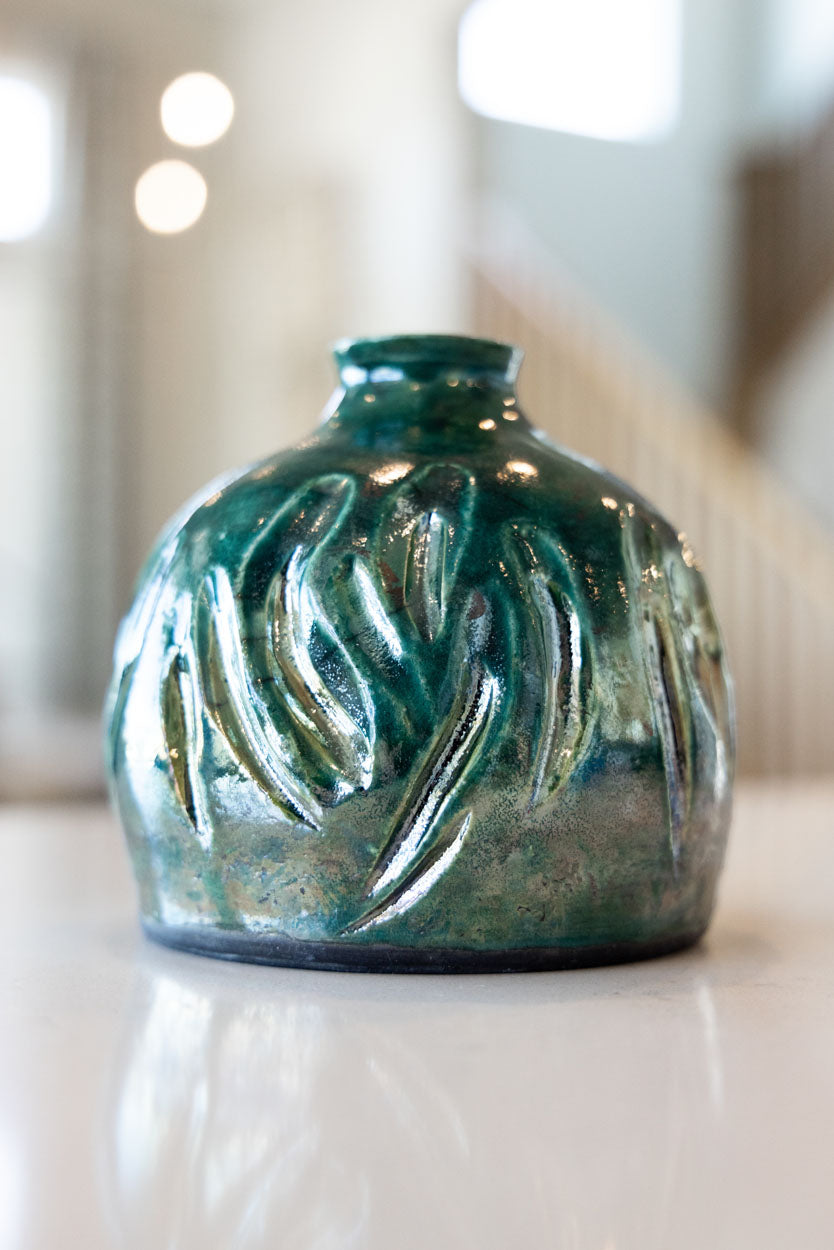 Raku Pot: Hand-Carved Emerald Green