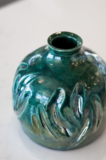 Raku Pot: Hand-Carved Emerald Green