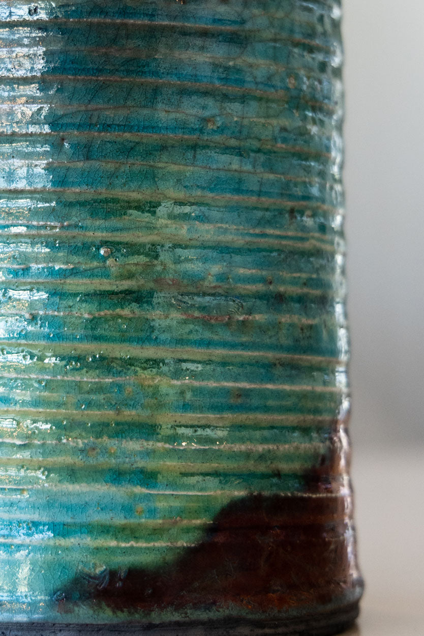 Raku Flower Vase: Textured Turquoise & Coppers