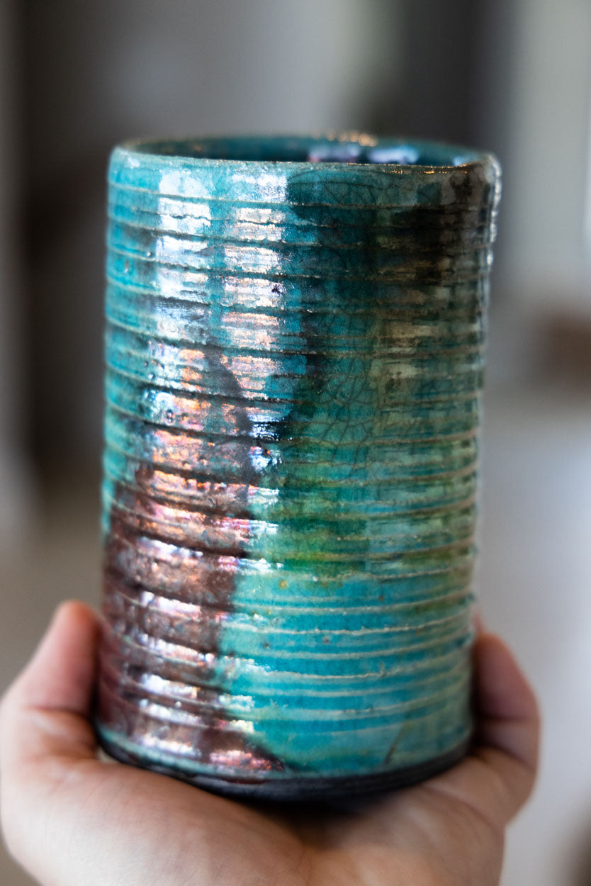 Raku Flower Vase: Textured Turquoise & Coppers