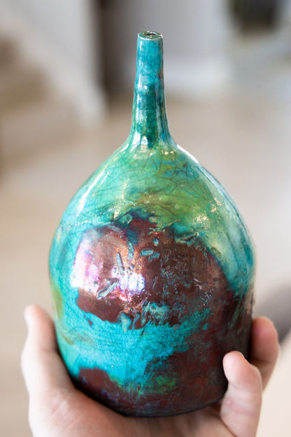Contemporary Skinny-Neck Pot: Turquoise & Red Copper